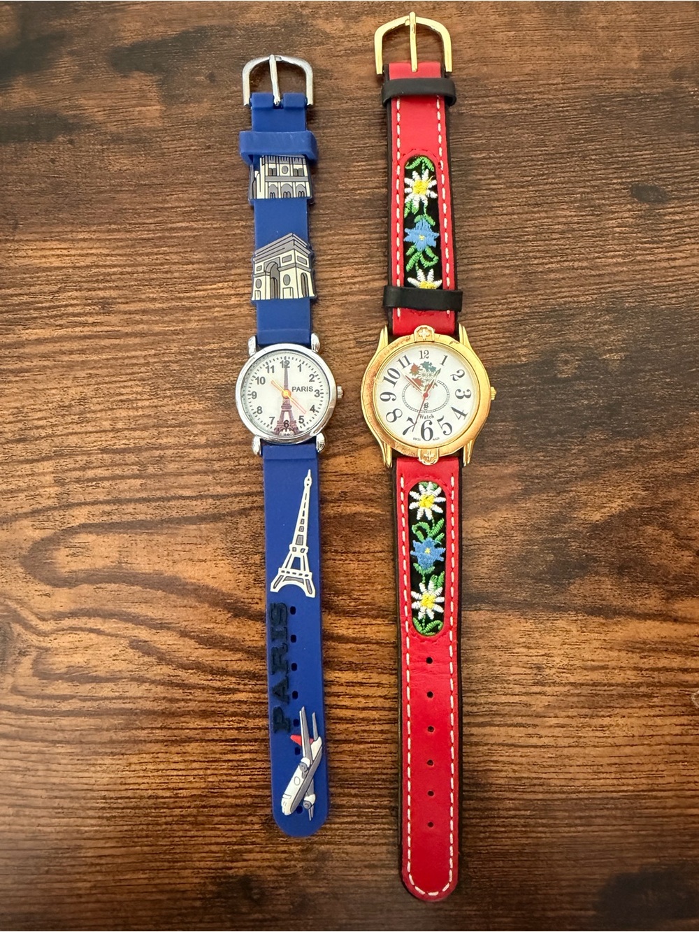 Pair European Themed Watches Paris & Vintage Swiss Floral Embroidered Band